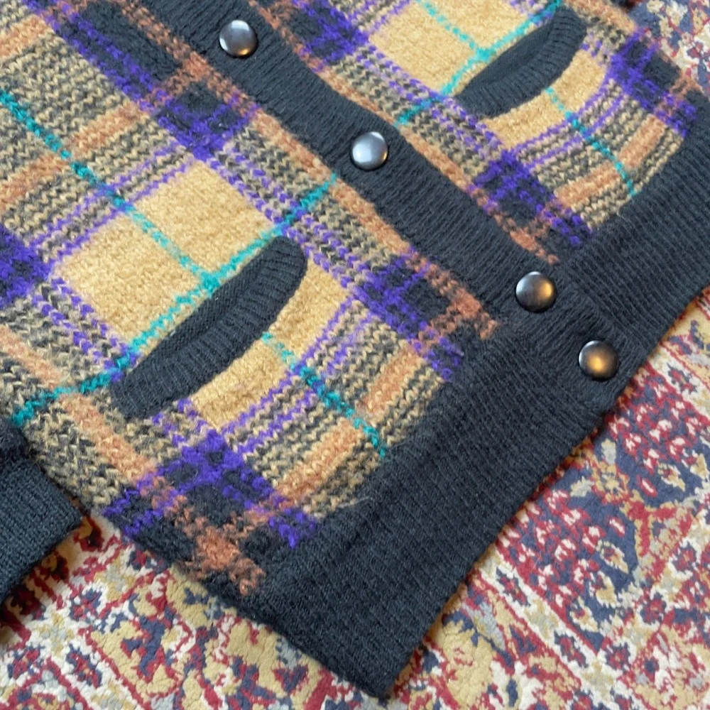 VTG 80s 90s Uno & Una Plaid Chunky Knit Cardigan‎ Sweater Purple Black Medium